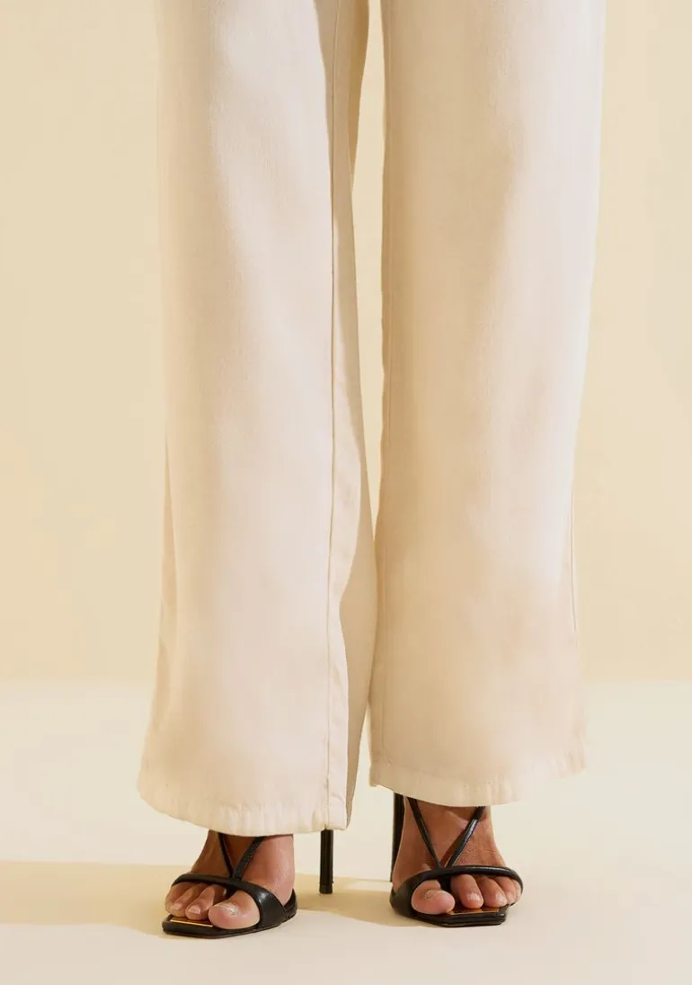 Calca Sarja Wide Leg Florada Off White