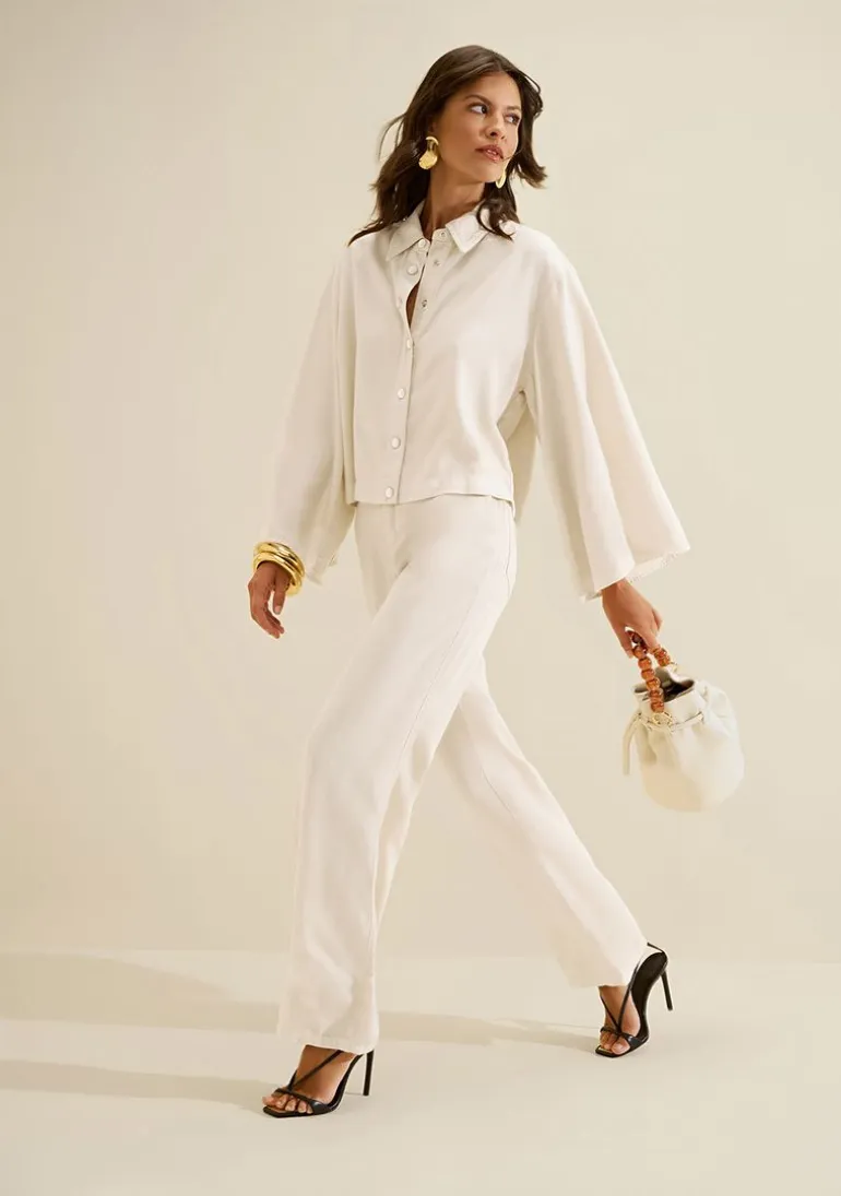 Calca Sarja Wide Leg Florada Off White