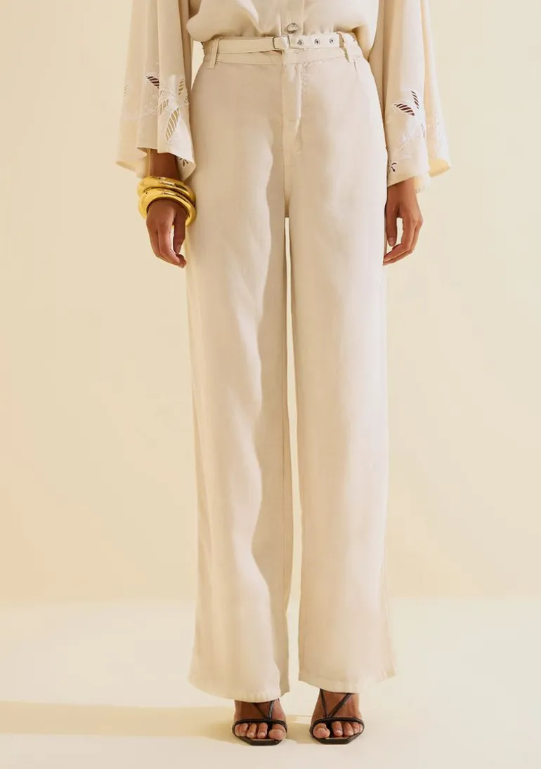 Calca Sarja Wide Leg Florada Off White