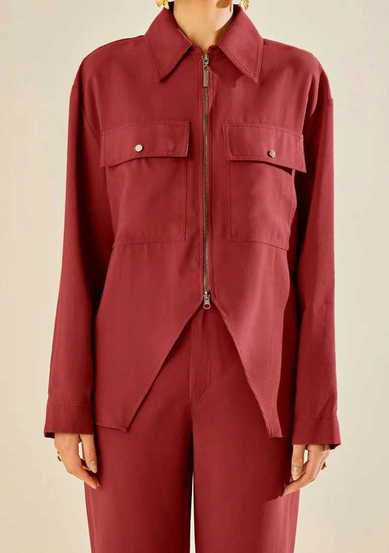 Camisa Morena Rosa Ajustada Gola Clássica Manga Longa Padrão Vermelho