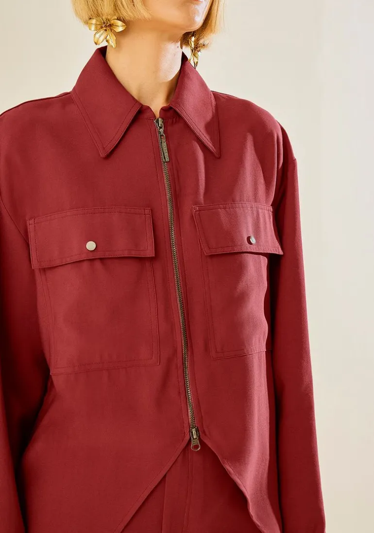 Camisa Morena Rosa Ajustada Gola Clássica Manga Longa Padrão Vermelho