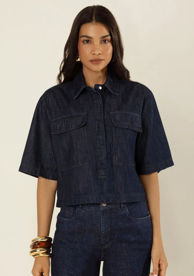 Camisa Morena Rosa Solta Decote Transpassado Manga 3 Quartos Padrão Azul