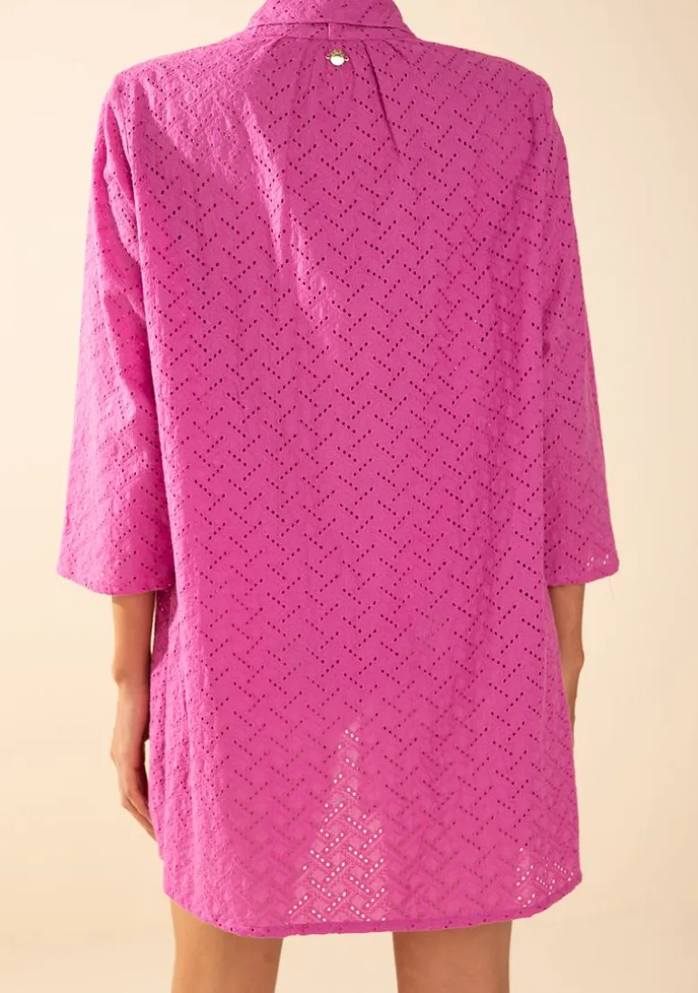 Camisa Morena Rosa Solta Decote V Manga 3 Quartos Alongada Rosa