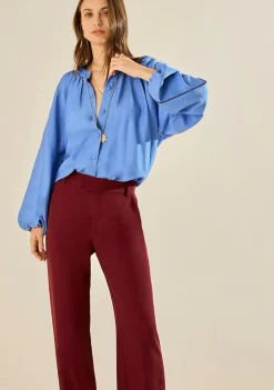 Camisa Morena Rosa Solta Decote Careca Manga Longa Padrão Azul