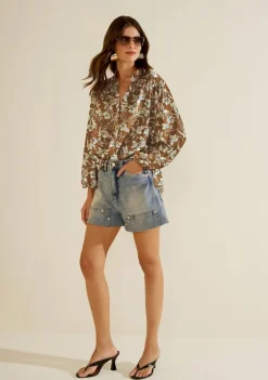 Camisa Morena Rosa Solta Gola Padre Manga Curta Padrão Marrom