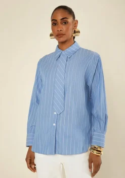 Camisa Morena Rosa Solta Gola Clássica Manga Longa Padrão Azul Escuro
