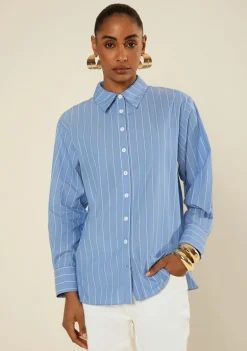 Camisa Morena Rosa Solta Gola Clássica Manga Longa Padrão Azul Escuro