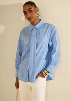 Camisa Morena Rosa Solta Gola Clássica Manga Longa Padrão Azul Escuro