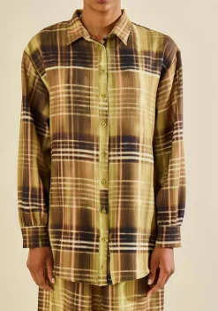 Camisa Morena Rosa Solta Gola Clássica Manga Longa Padrão Verde