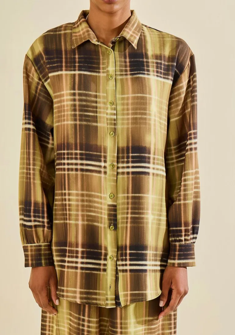 Camisa Morena Rosa Solta Gola Clássica Manga Longa Padrão Verde
