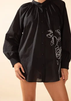 Camisa Morena Rosa Solta Gola Padre Manga Longa Padrão Preto