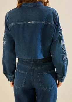 Camisa Morena Rosa Solta Gola Padre Manga Longa Padrão Azul