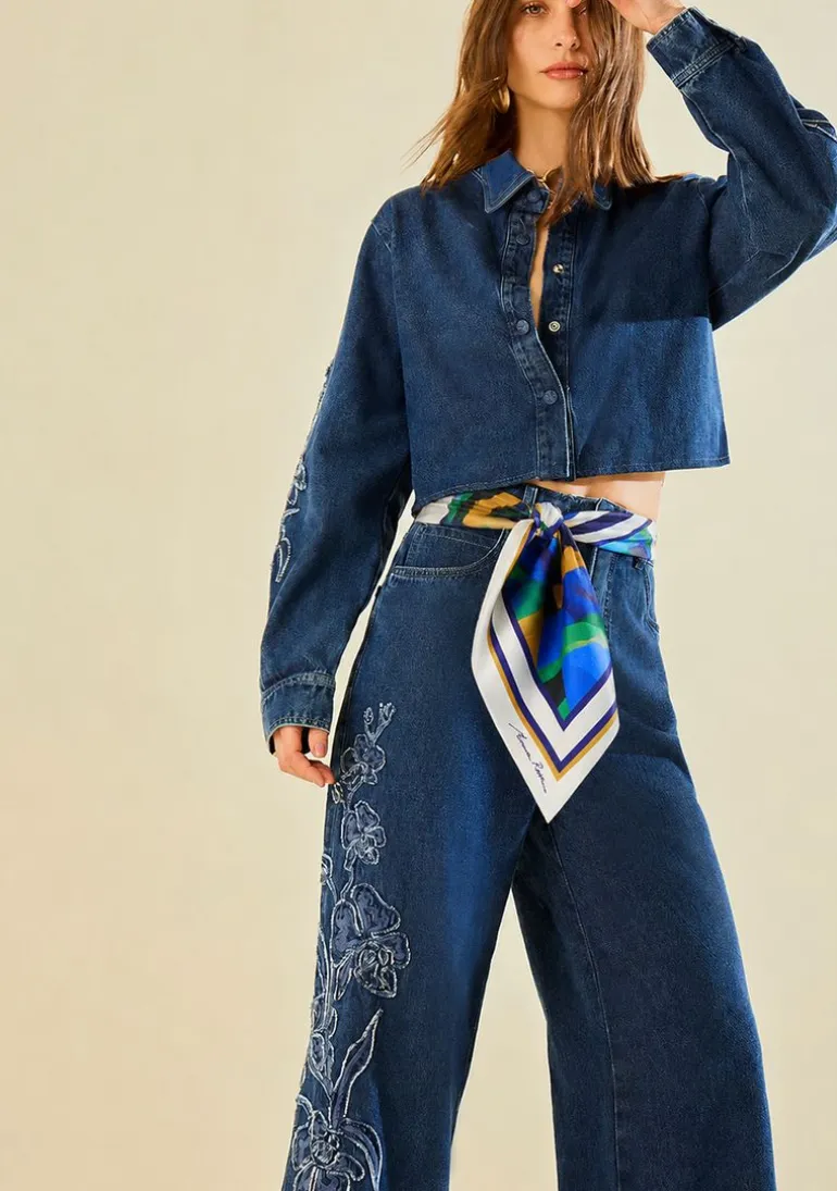 Camisa Morena Rosa Solta Gola Padre Manga Longa Padrão Azul