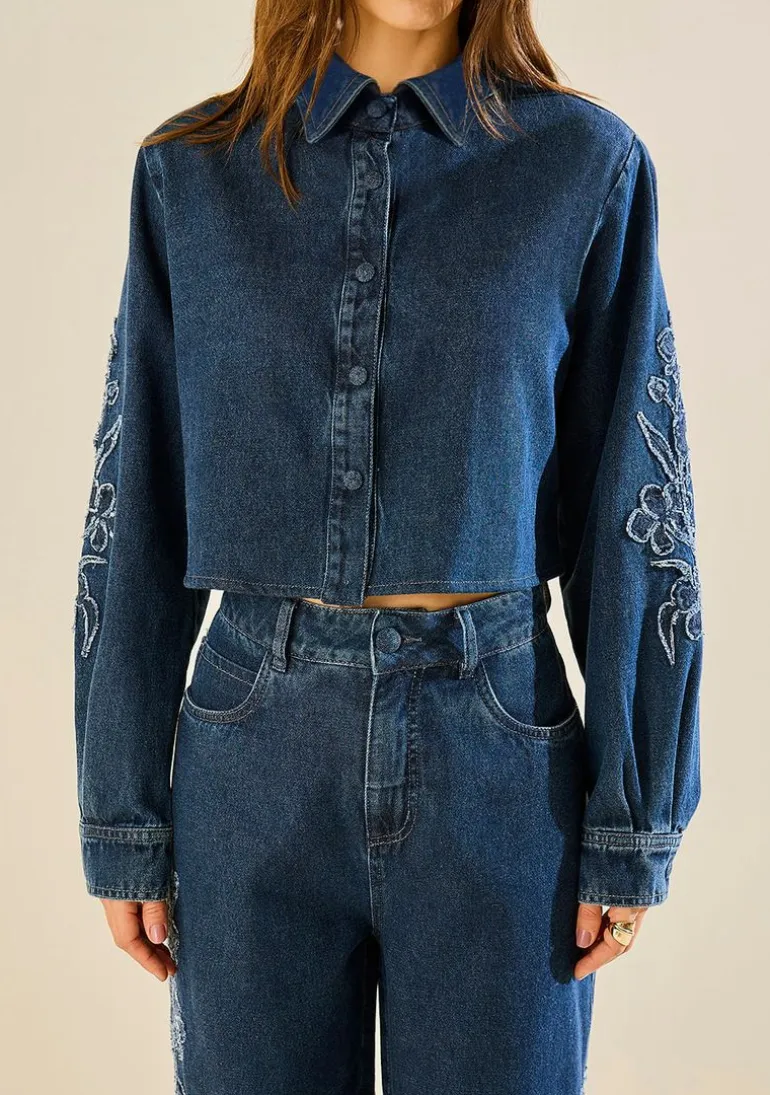 Camisa Morena Rosa Solta Gola Padre Manga Longa Padrão Azul