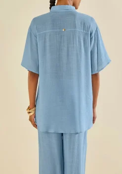 Camisa Morena Rosa Solta Gola Clássica Manga Curta Alongada Azul