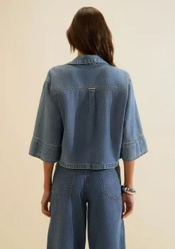 Camisa Morena Rosa Solta Polo Manga 3 Quartos Cropped Azul