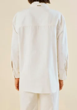 Camisa Morena Rosa Solta Polo Manga Longa Padrão Off White
