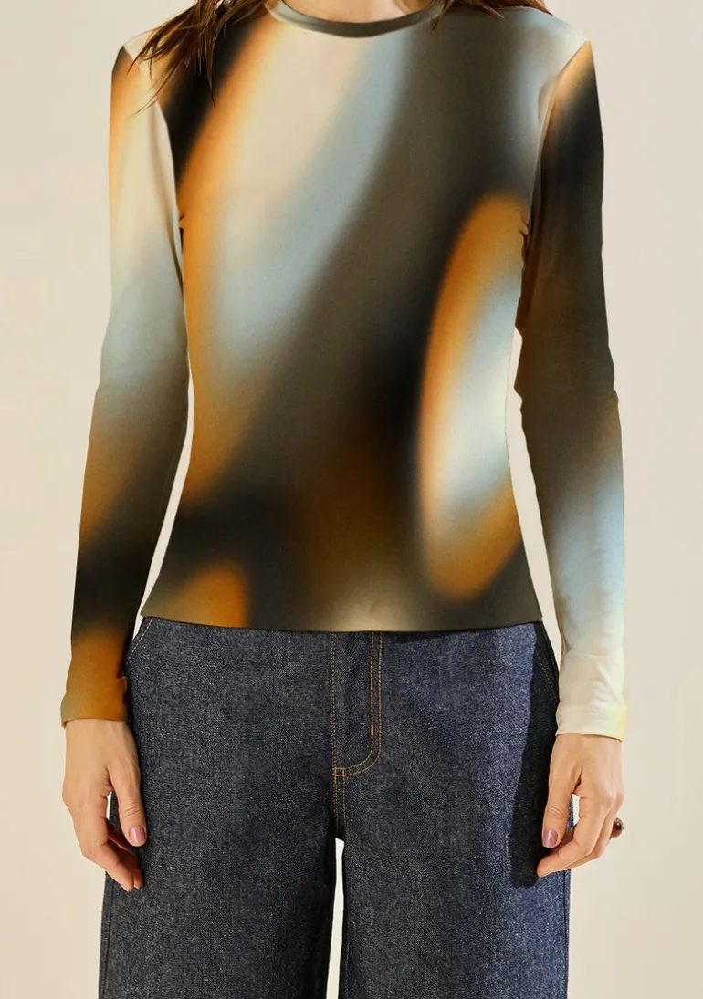 Camiseta Morena Rosa Ajustada Decote Careca Manga Longa Padrão Preto/Azul