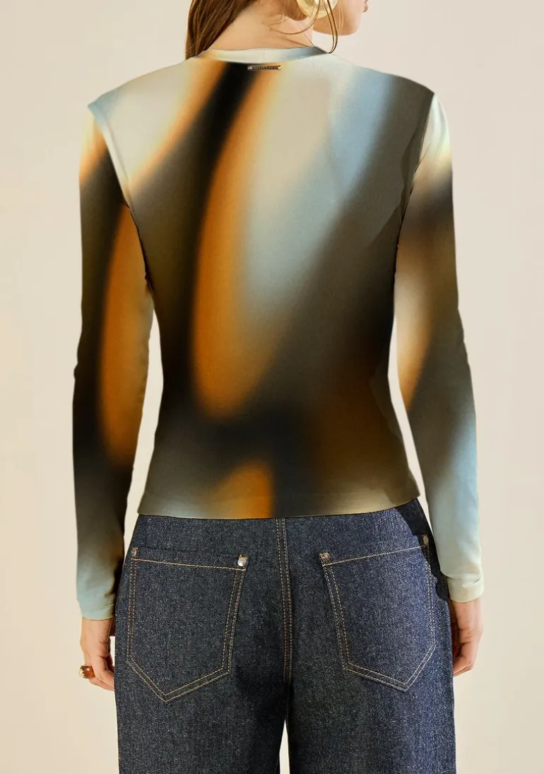 Camiseta Morena Rosa Ajustada Decote Careca Manga Longa Padrão Preto/Azul