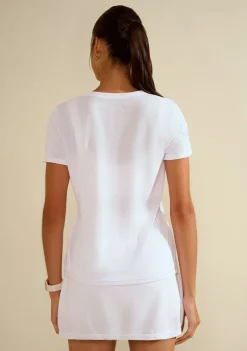 Camiseta Morena Rosa Solta Decote V Manga Curta Padrão Branco