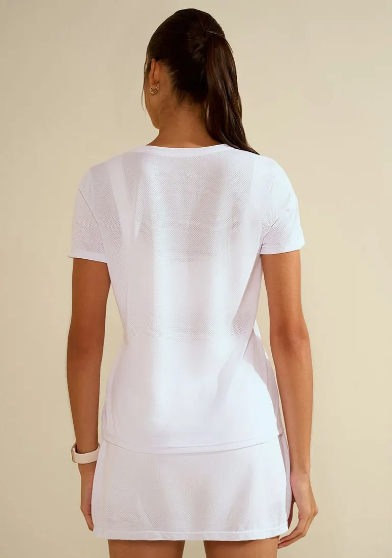 Camiseta Morena Rosa Solta Decote V Manga Curta Padrão Branco