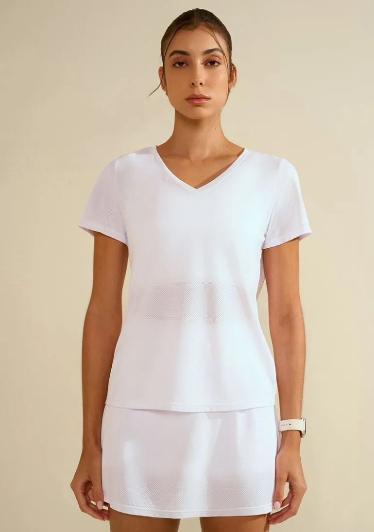 Camiseta Morena Rosa Solta Decote V Manga Curta Padrão Branco