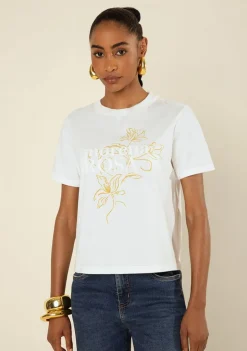 Camiseta Morena Rosa Solta Decote Careca Manga Curta Padrão Off White
