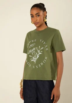 Camiseta Morena Rosa Solta Decote Careca Manga Curta Padrão Verde