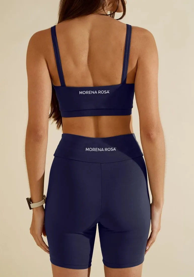 Conjunto Morena Rosa Top Com Alça Bermuda Ciclista Cintura Média Azul Escuro