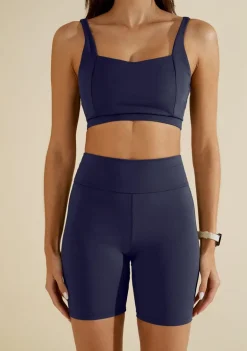 Conjunto Morena Rosa Top Com Alça Bermuda Ciclista Cintura Média Azul Escuro