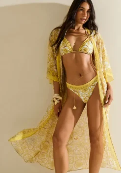 Kaftan Morena Rosa Solto Manga 3 Quartos Padrão Amarelo