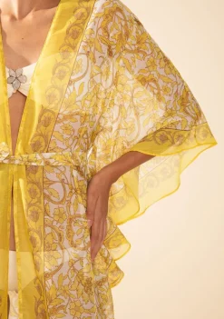Kaftan Morena Rosa Solto Manga 3 Quartos Padrão Amarelo