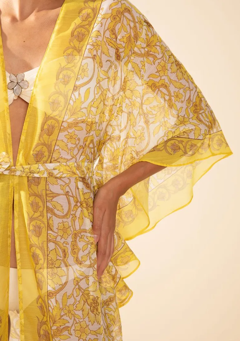 Kaftan Morena Rosa Solto Manga 3 Quartos Padrão Amarelo