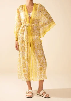 Kaftan Morena Rosa Solto Manga 3 Quartos Padrão Amarelo