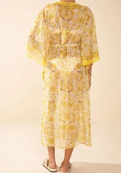 Kaftan Morena Rosa Solto Manga 3 Quartos Padrão Amarelo