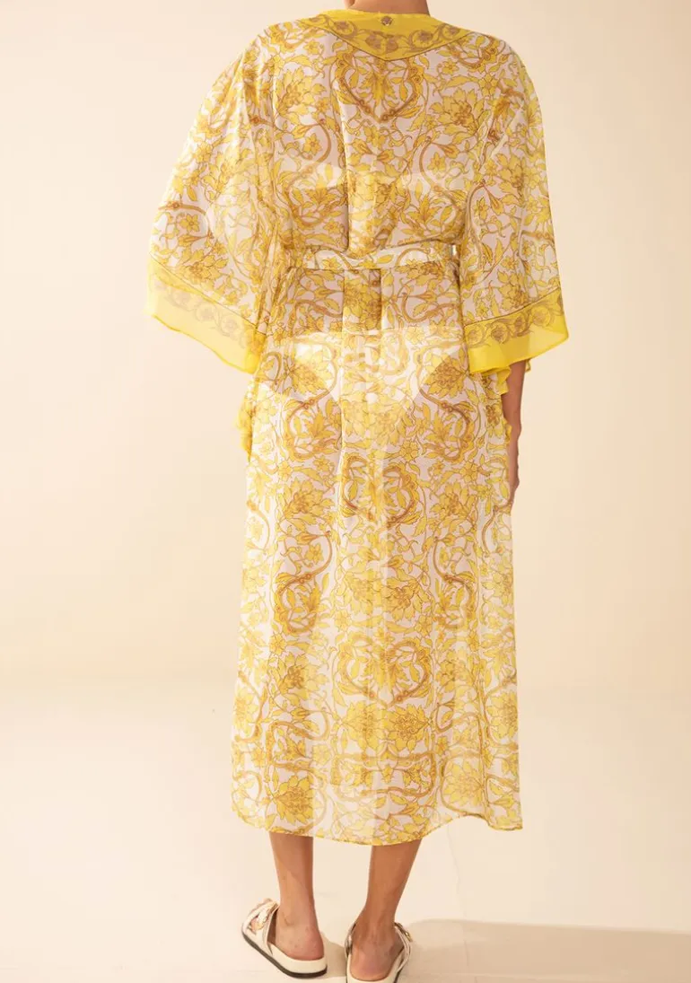 Kaftan Morena Rosa Solto Manga 3 Quartos Padrão Amarelo