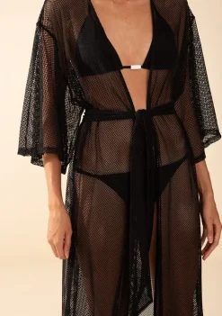 Kaftan Morena Rosa Solto Manga Longa Padrão Preto
