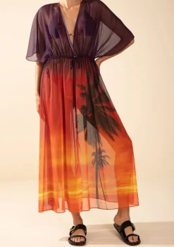 Kaftan Morena Rosa Solto Manga Curta Alongado Laranja