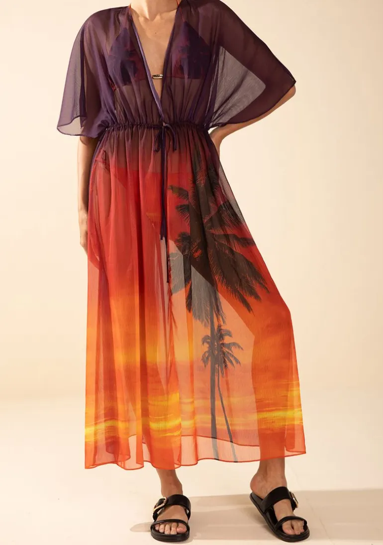 Kaftan Morena Rosa Solto Manga Curta Alongado Laranja