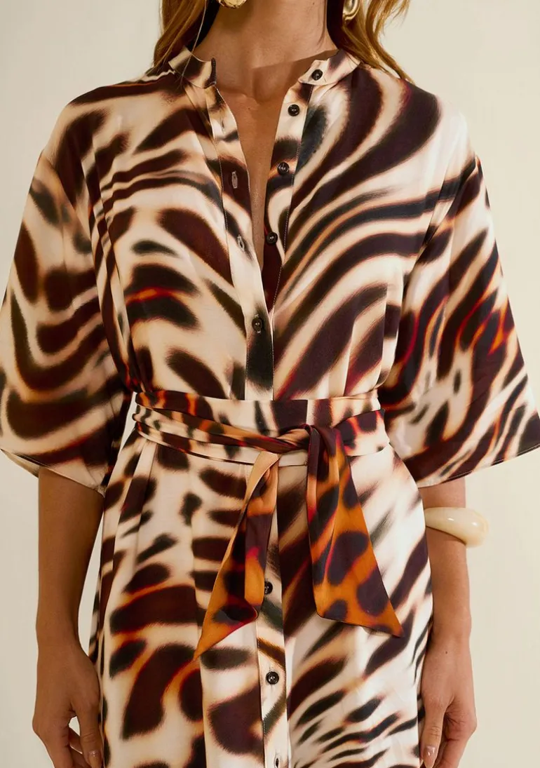 Kaftan Morena Rosa Solto Manga Curta Alongado Bege
