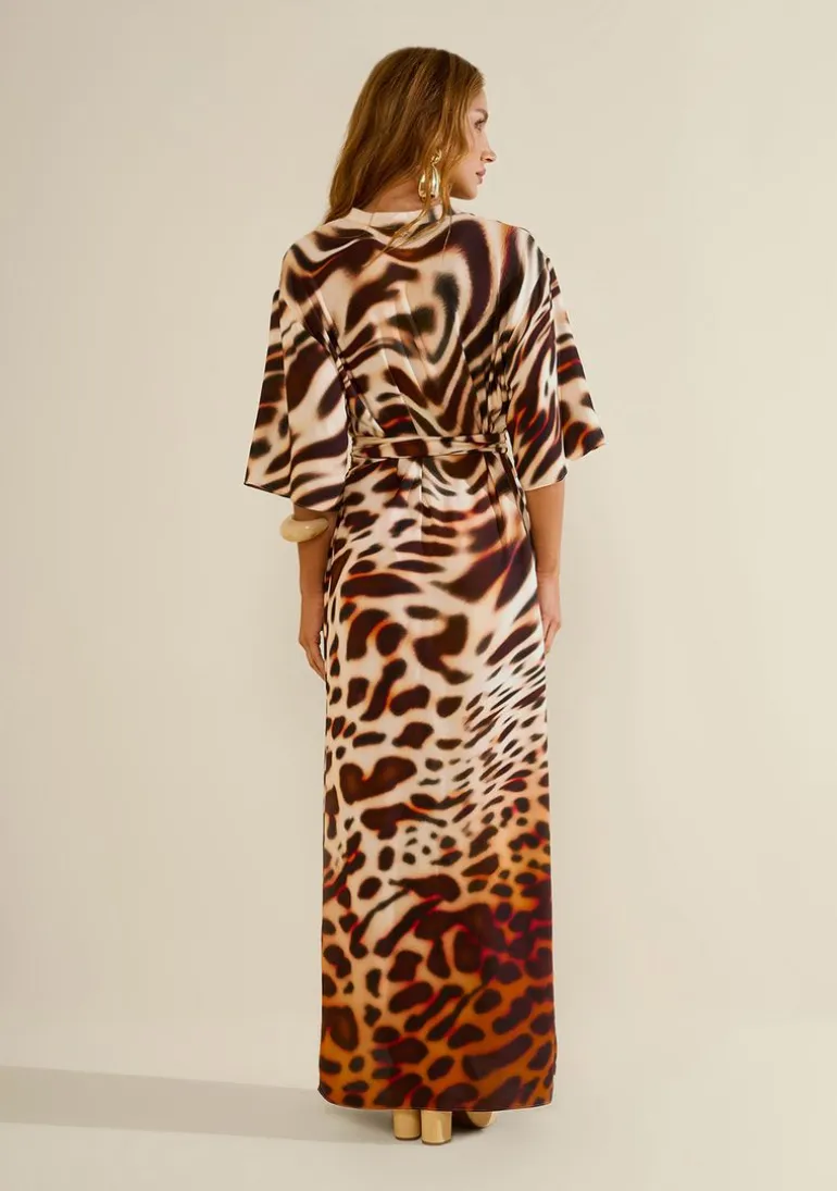 Kaftan Morena Rosa Solto Manga Curta Alongado Bege