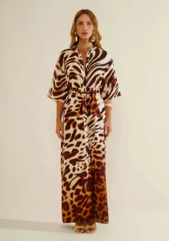 Kaftan Morena Rosa Solto Manga Curta Alongado Bege