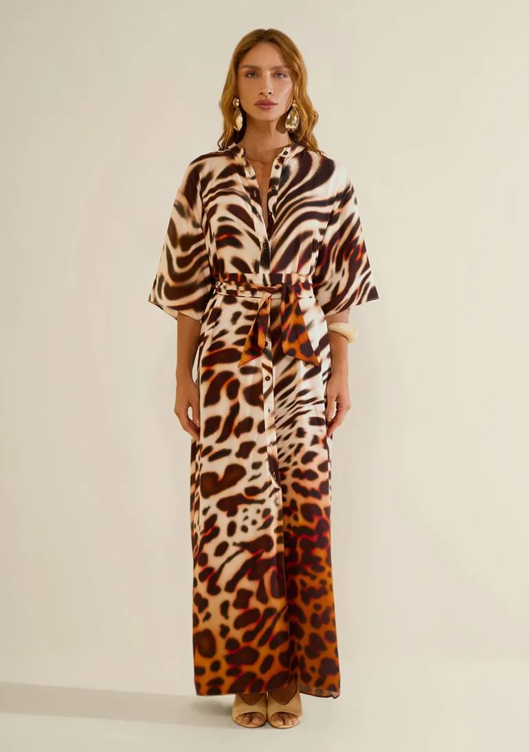 Kaftan Morena Rosa Solto Manga Curta Alongado Bege