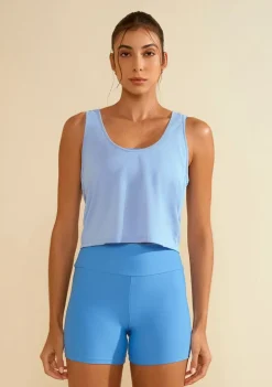 Regata Morena Rosa Ajustada Decote Careca Cropped Azul