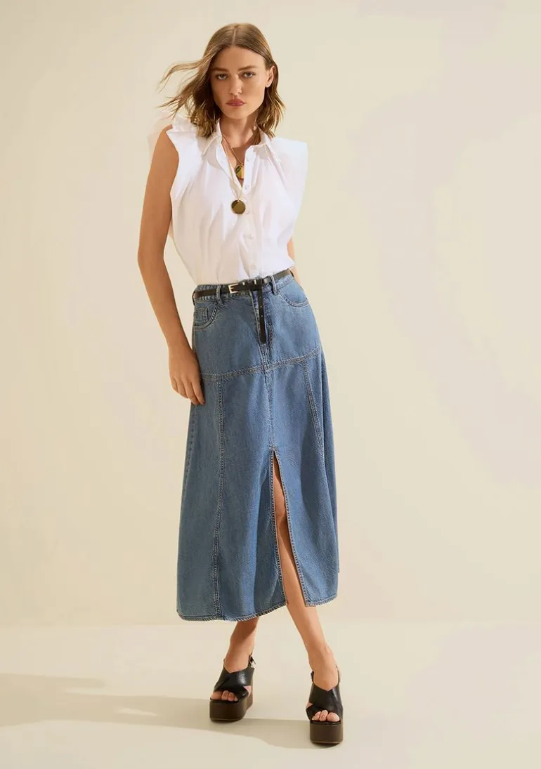 Saia Jeans Evasê Índigo Azul
