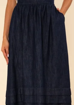 Saia Morena Rosa Evasê Alta Midi Azul