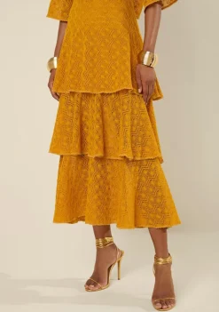 Saia Morena Rosa Evasê Alta Midi Amarelo