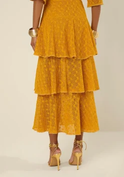 Saia Morena Rosa Evasê Alta Midi Amarelo