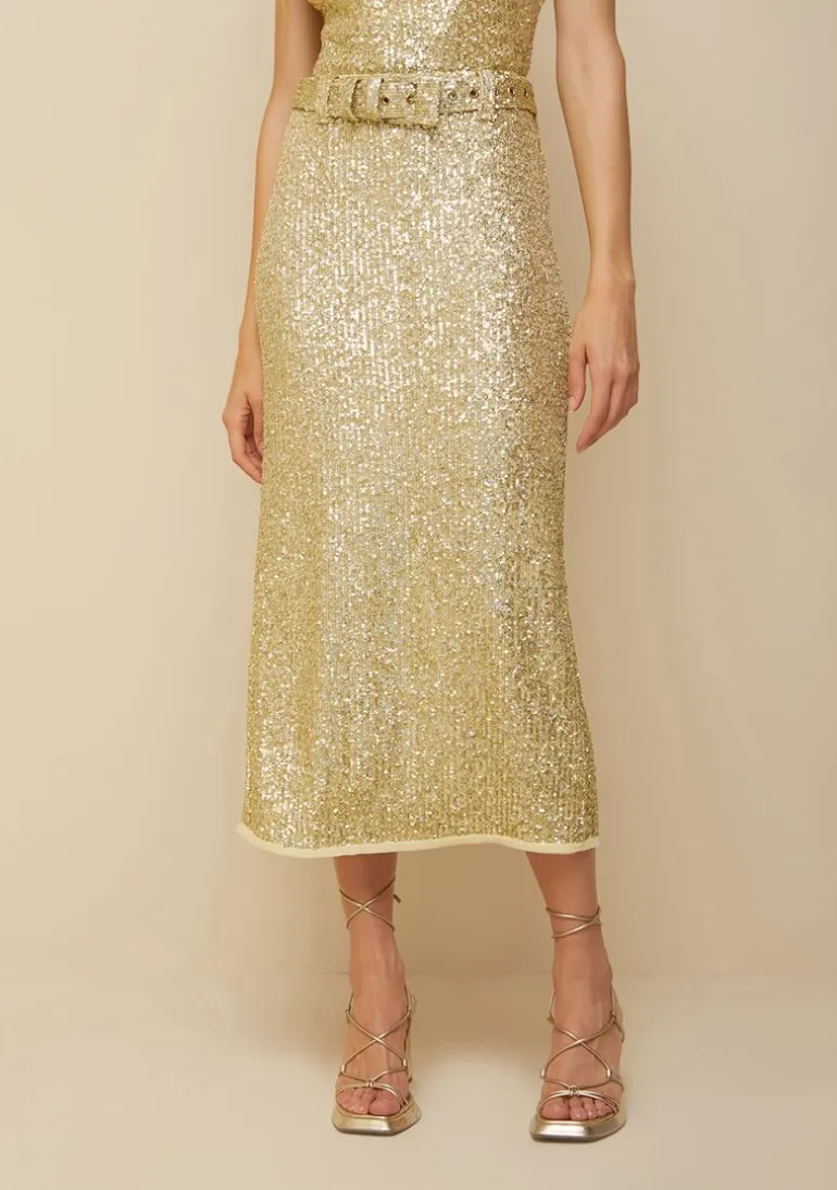 Saia Morena Rosa Midi Reta Com Cinto Dourado