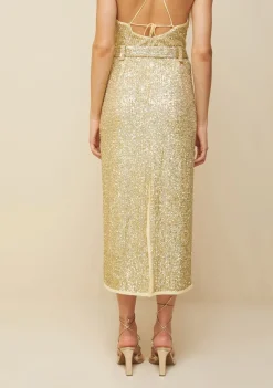 Saia Morena Rosa Midi Reta Com Cinto Dourado
